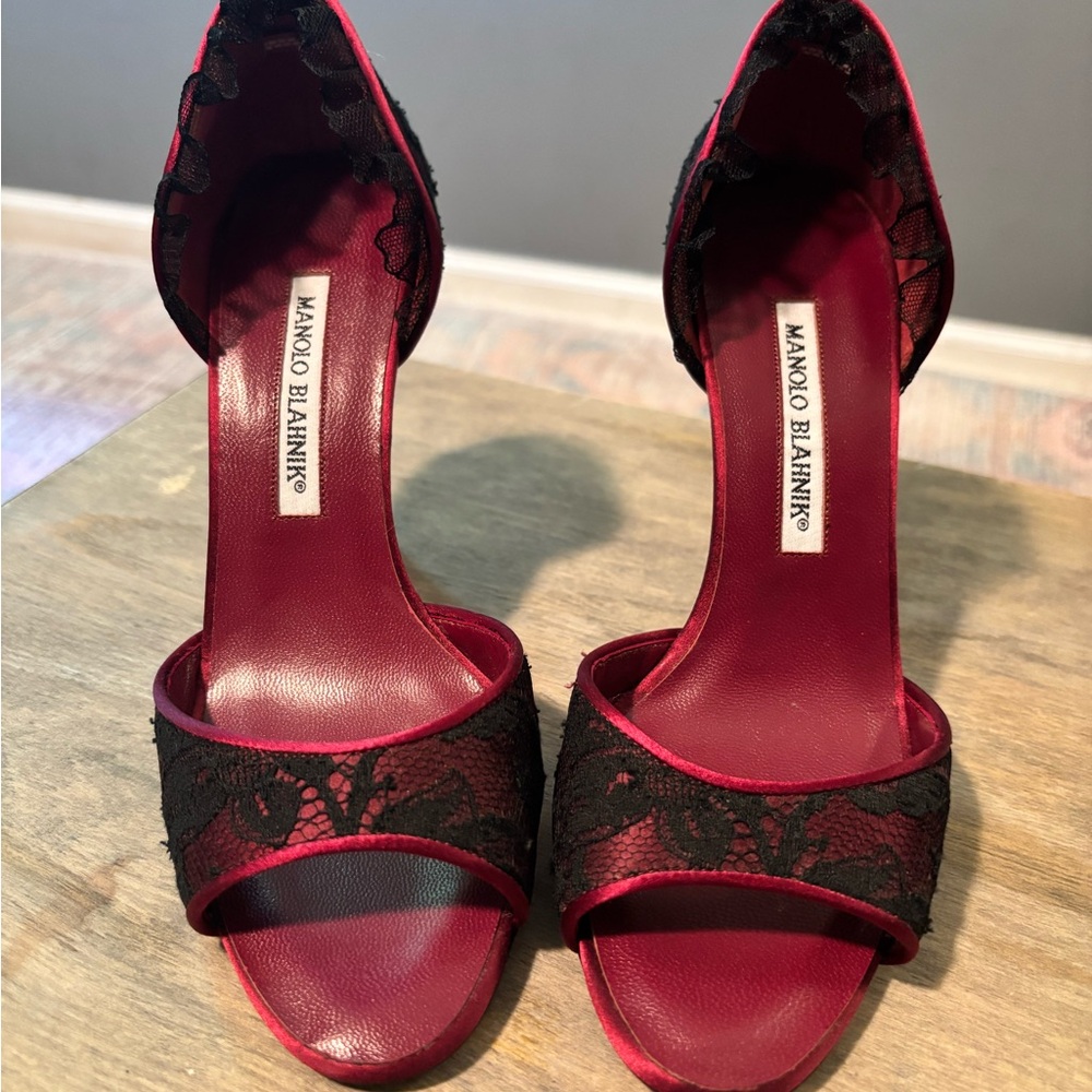 Manolo Blahnik Black and Red Lace Heels